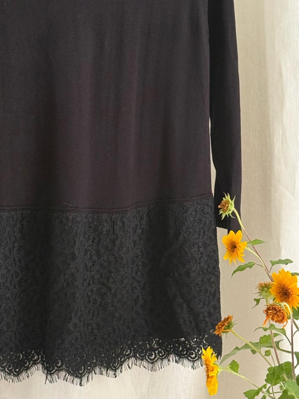 NWT LOFT Tunic Sweater Womens Large Black Lace Hem 3/4 Sleeve Cotton Knit Trim - Picture 7 of 12